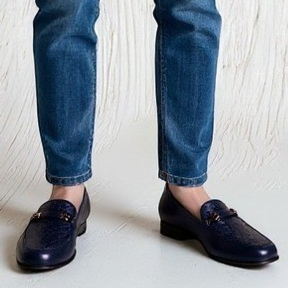 Bally Navy Blue Woven Leather Loafers Style Flex Square Toe Block Heel Shoes 5.5